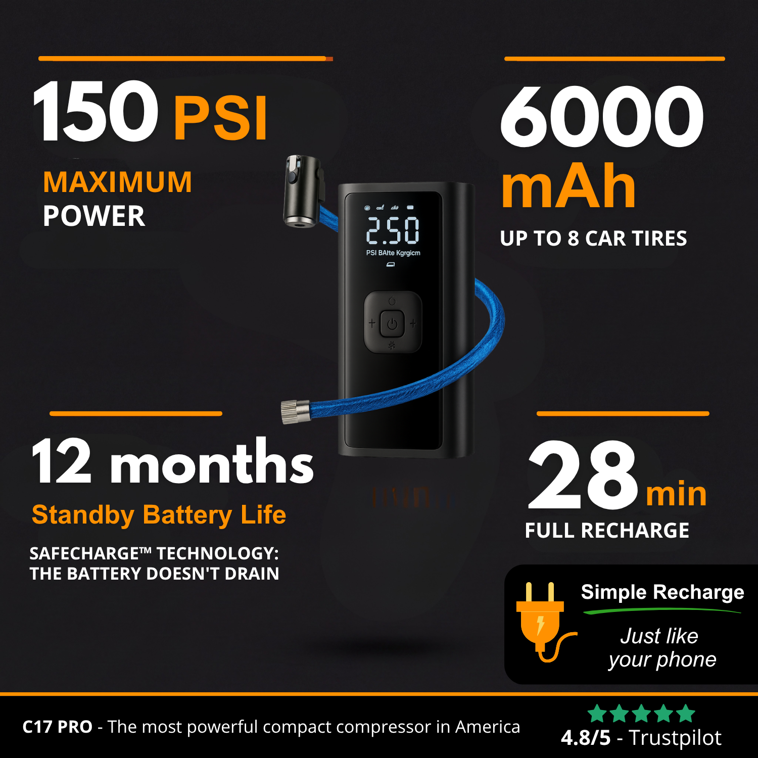 C17 PRO | Powerful Portable Air Compressor – Compact, Lightweight and Rechargeable